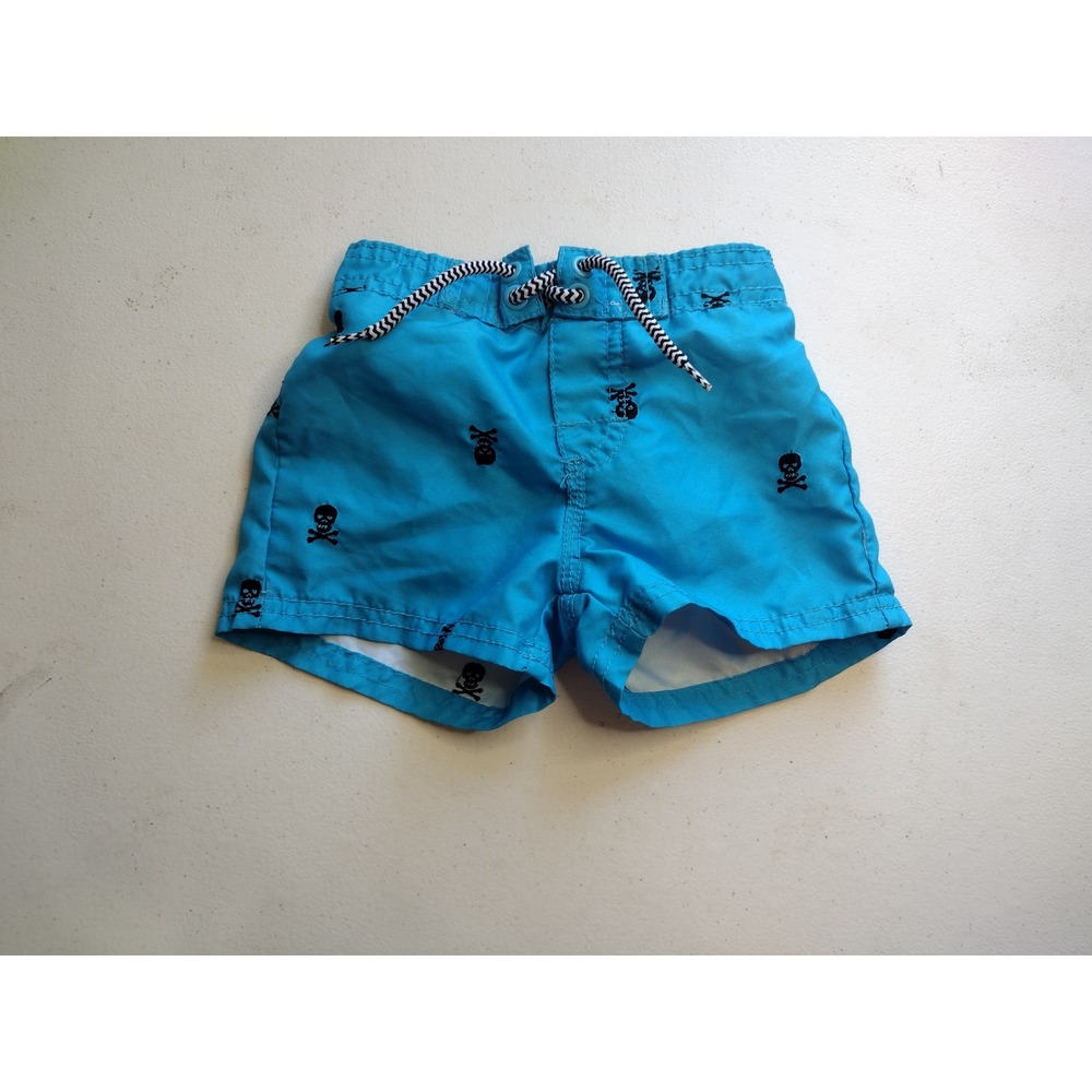 OshKosh Bgosh Baby Boy Blue Skull Crossbones Swim Trunks 3M Elastic Waist Mesh